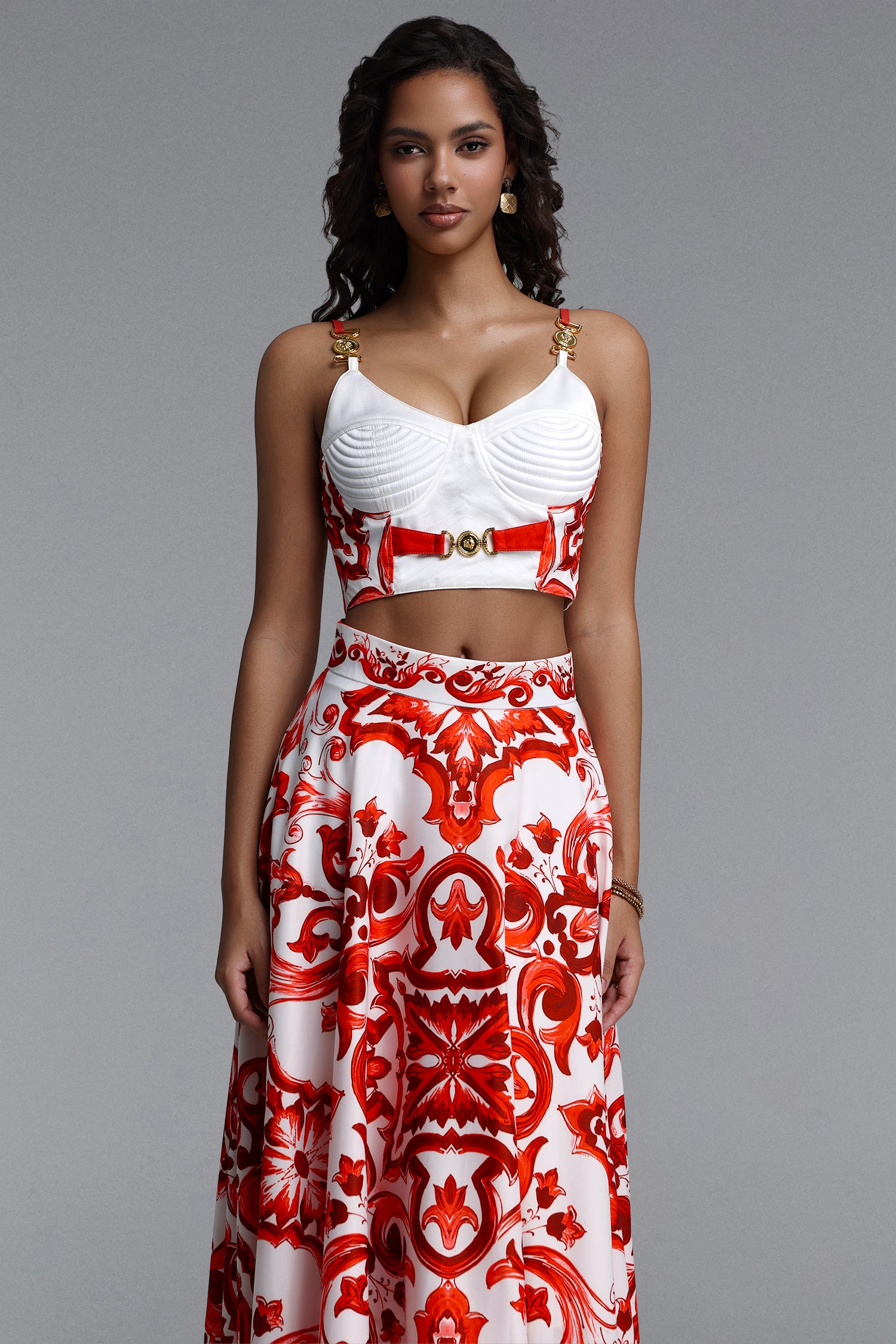 Kaona Halter Floral Printed Red Top And Skirt Two-Piece Set	