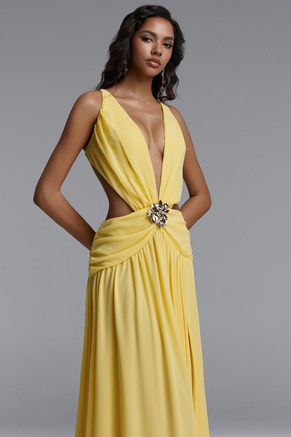 Ivanna Resort Flowy V Neck Sleeveless Slit Woven Maxi Dress	
