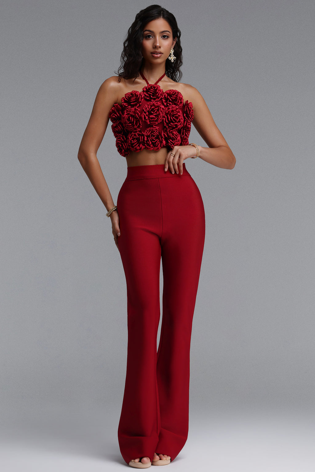 Ferean Stylish Halter Floral Mini Top And Slim Bandage Pants Two-Piece Set	