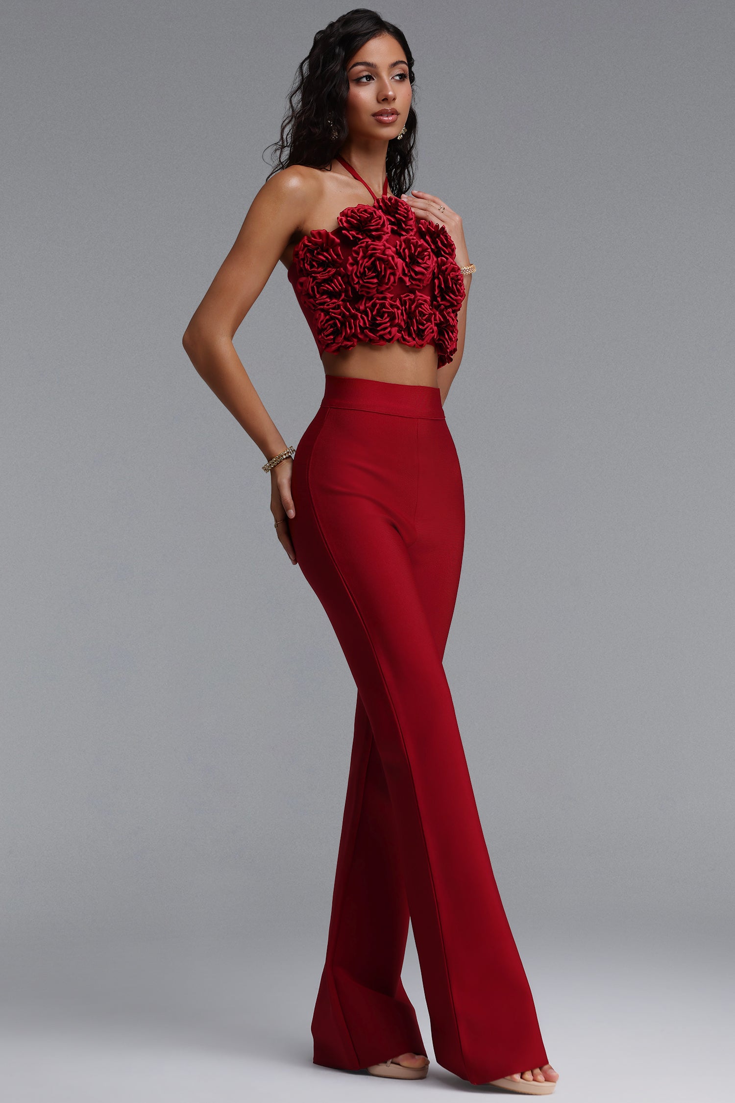 Ferean Stylish Halter Floral Mini Top And Slim Bandage Pants Two-Piece Set	