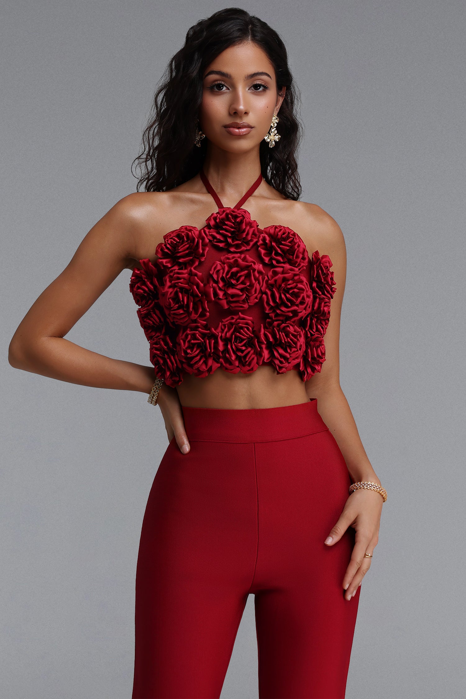 Ferean Stylish Halter Floral Mini Top And Slim Bandage Pants Two-Piece Set	