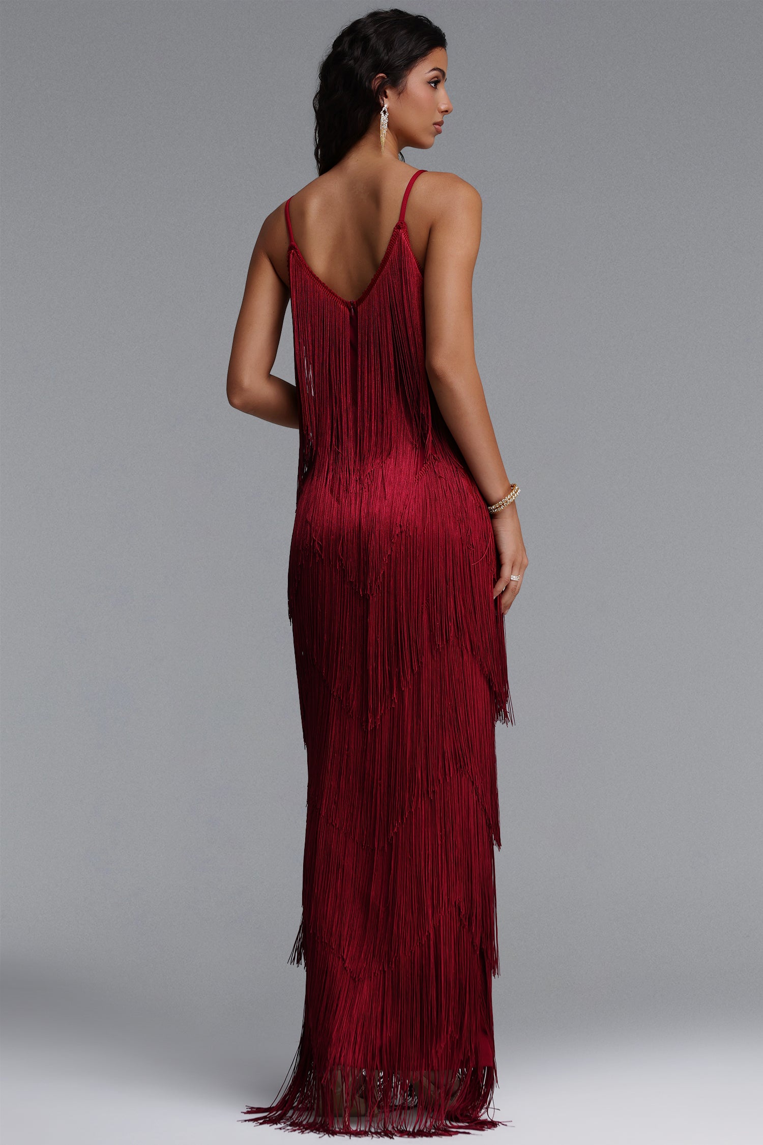 Alex Classic Contour V Neck Layered Fringe Bandage Red Maxi Dress	