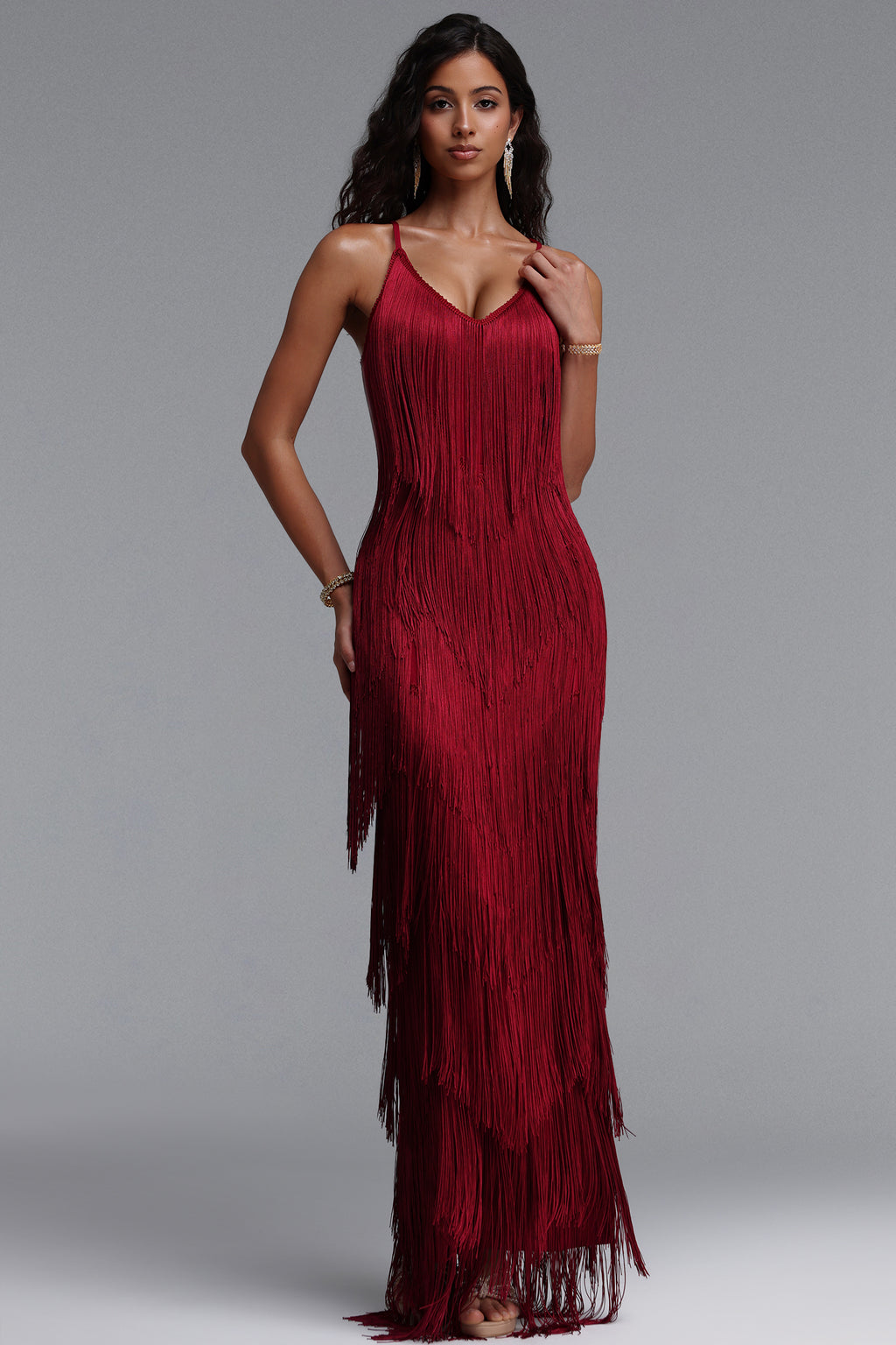 Alex Classic Contour V Neck Layered Fringe Bandage Red Maxi Dress	