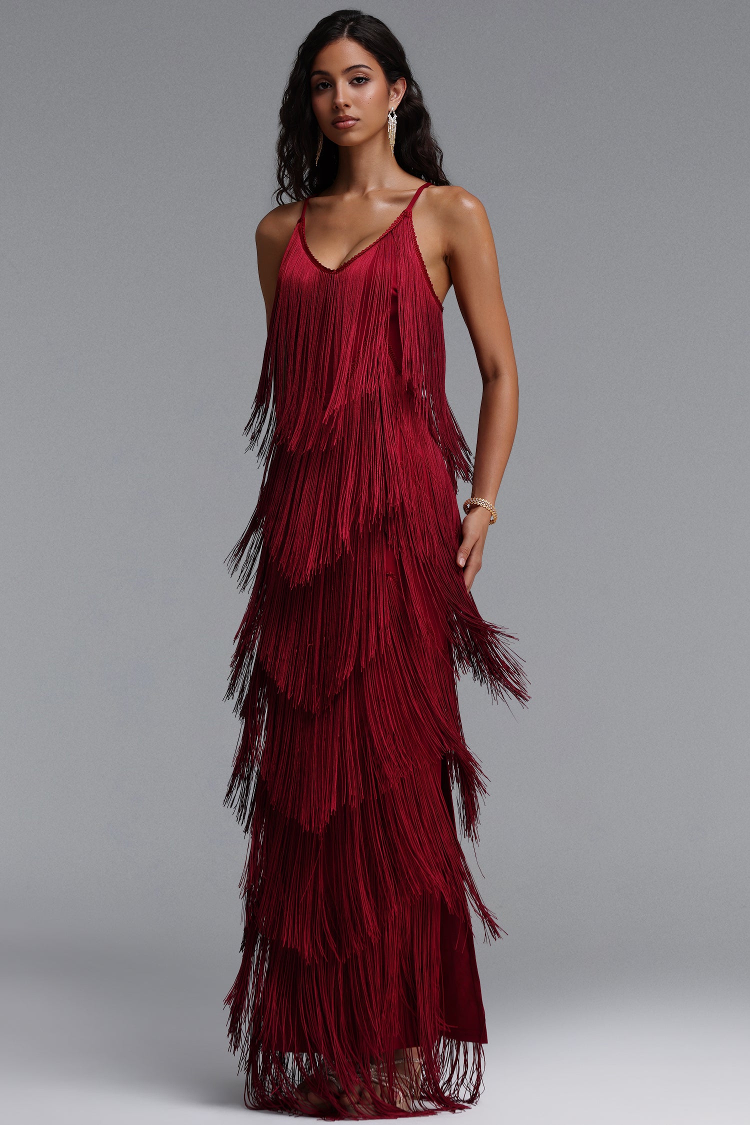 Alex Classic Contour V Neck Layered Fringe Bandage Red Maxi Dress	