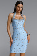 Manik Glamorous Contour Halter Rhinestone Blue Blue Bandage Mini Dress	