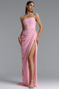 Tazeda Elegant Contour Strapless Ruched Mesh Pink Maxi Dress	