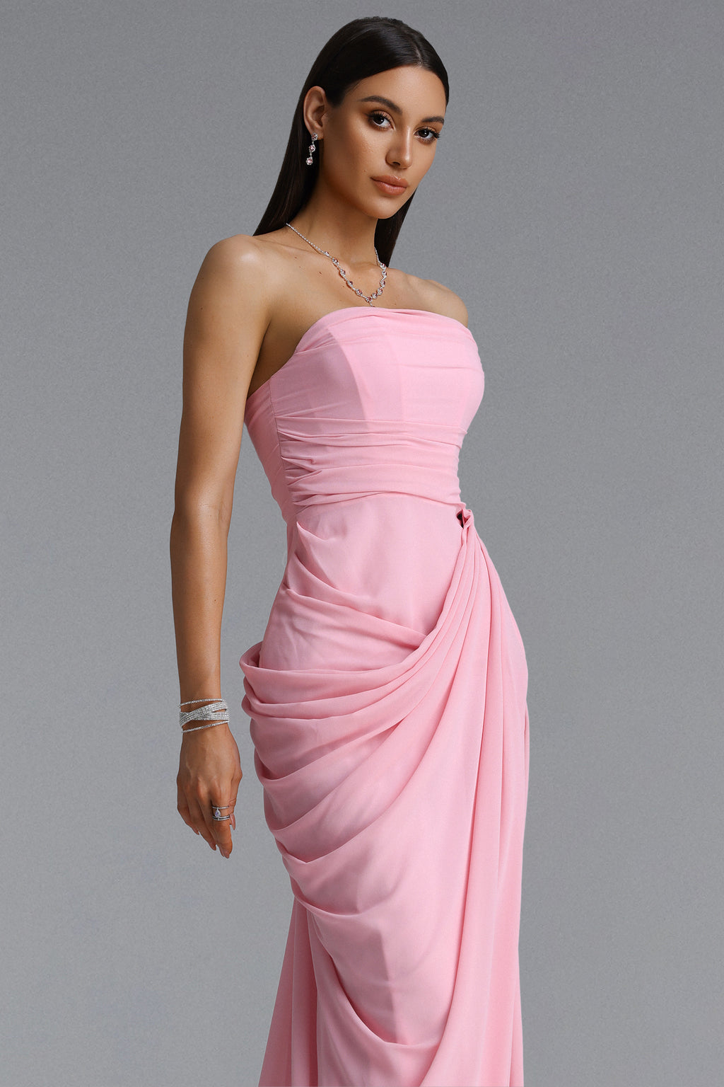 Tazeda Elegant Contour Strapless Ruched Mesh Pink Maxi Dress	