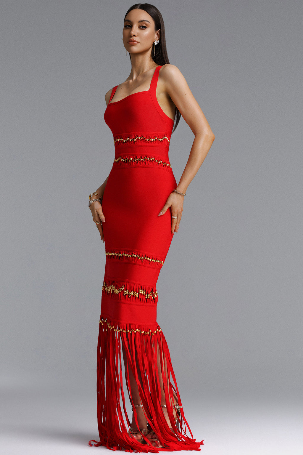 Shanley Chic Contour Sleeveless Beaded Fringe Black Bandage Maxi Dress	
