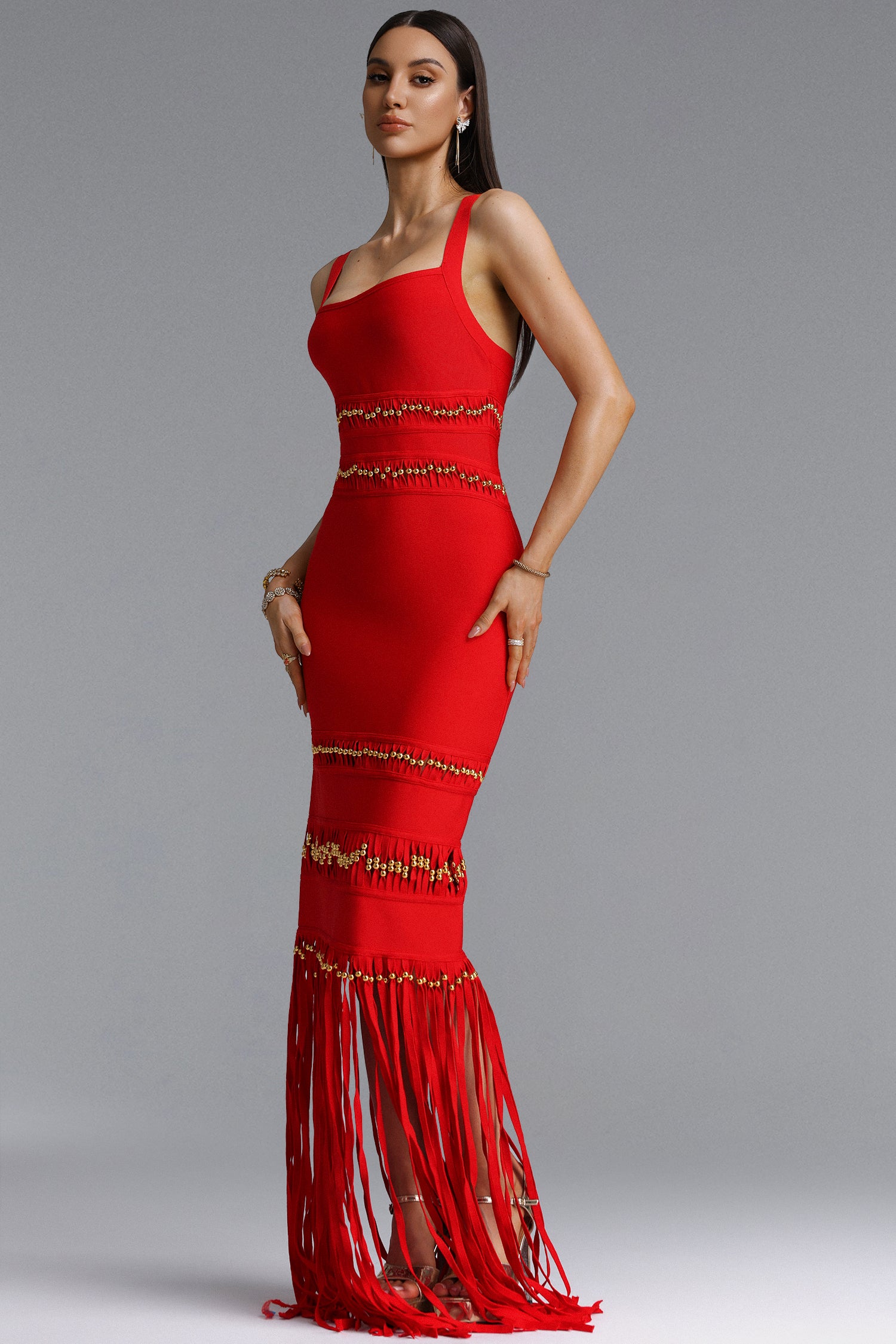 Shanley Chic Contour Sleeveless Beaded Fringe Black Bandage Maxi Dress	