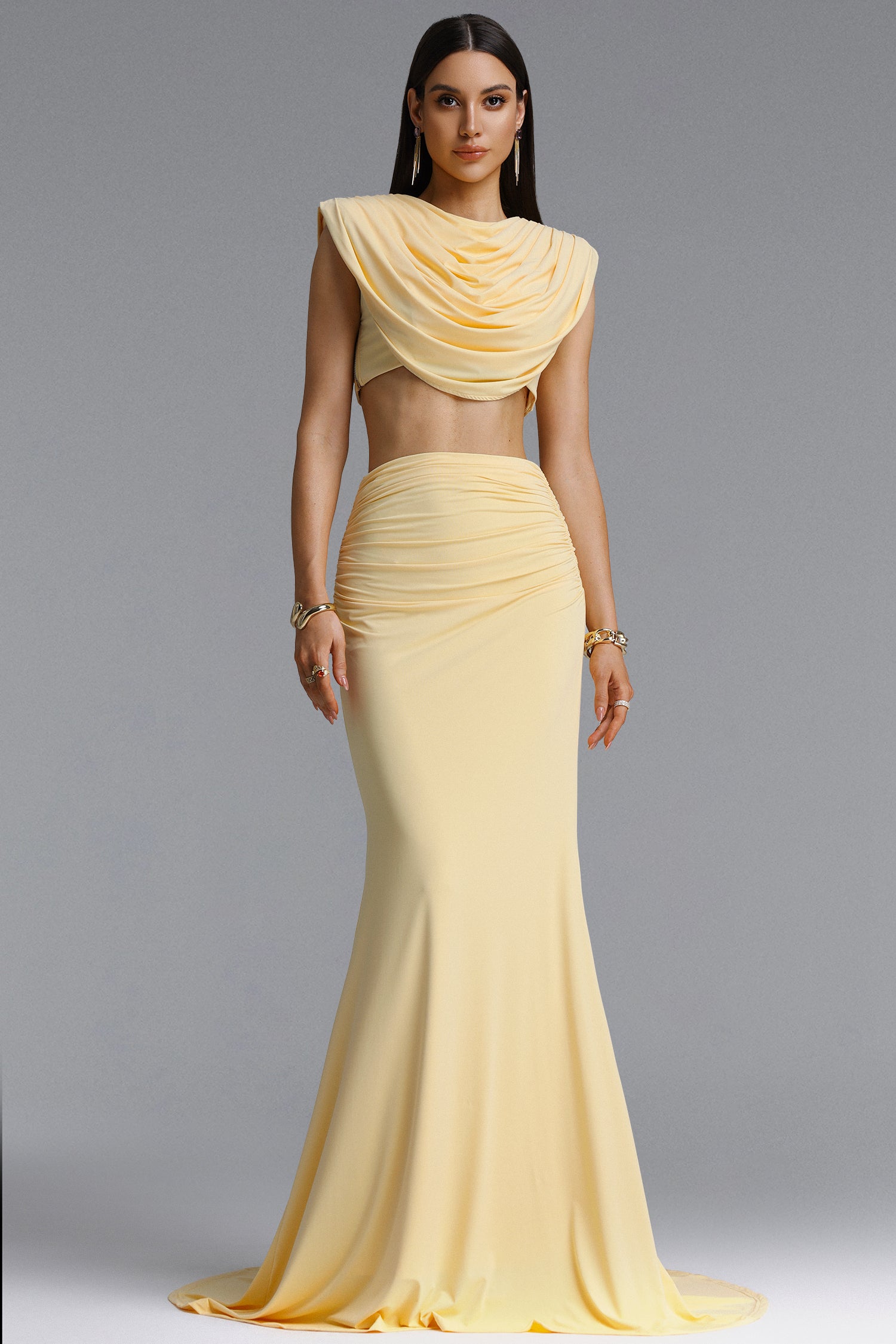 Gerianna Chic Sophisticated Draped Crop Top High Waist Ruched Set	