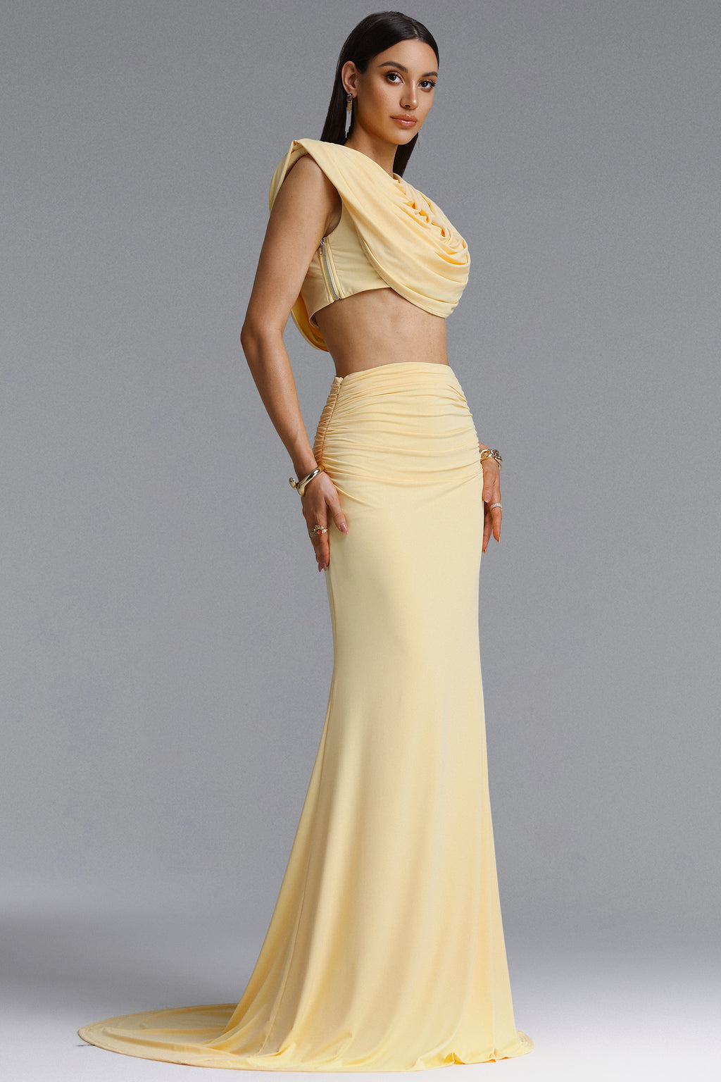 Gerianna Chic Sophisticated Draped Crop Top High Waist Ruched Set	