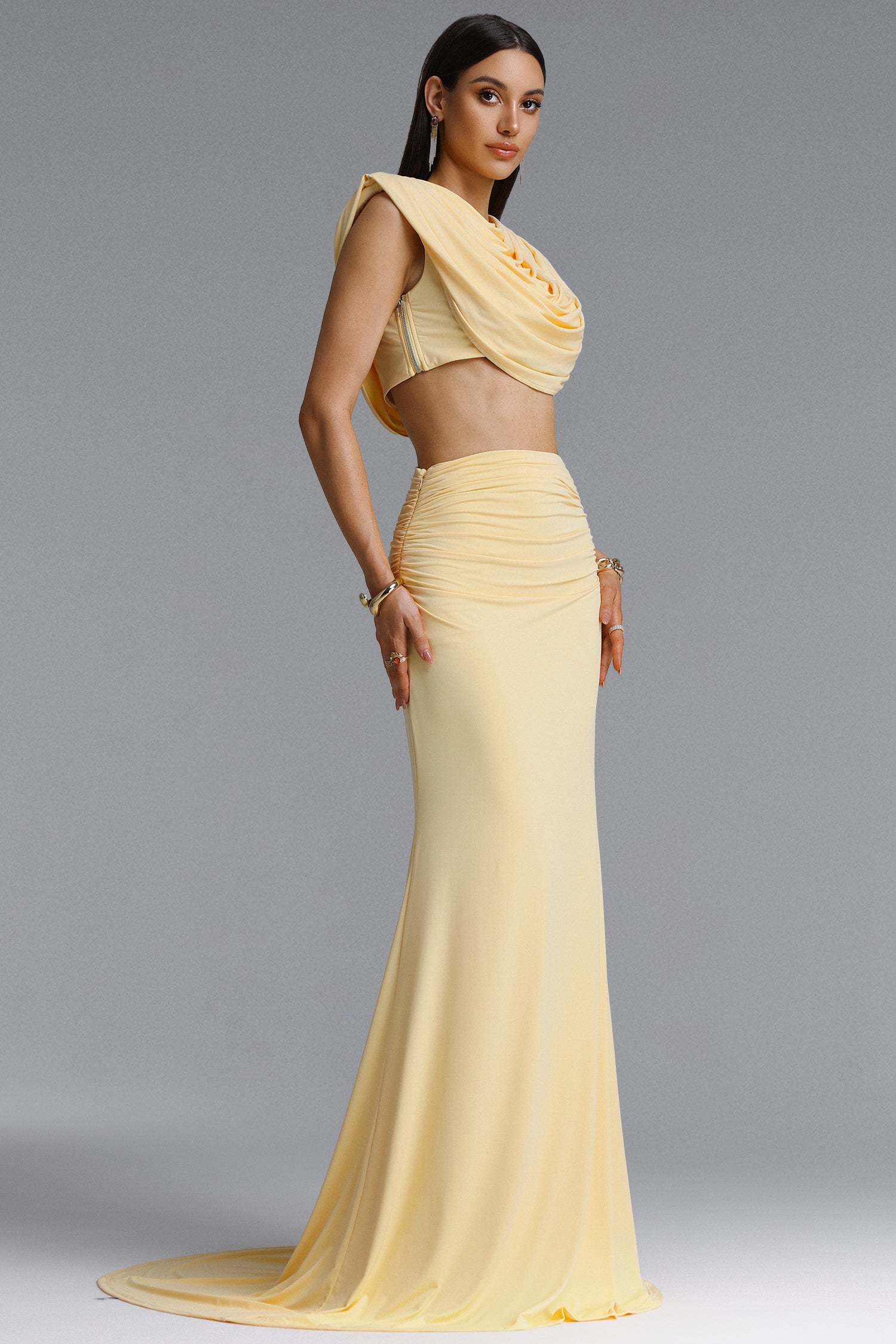Gerianna Chic Sophisticated Draped Crop Top High Waist Ruched Set	