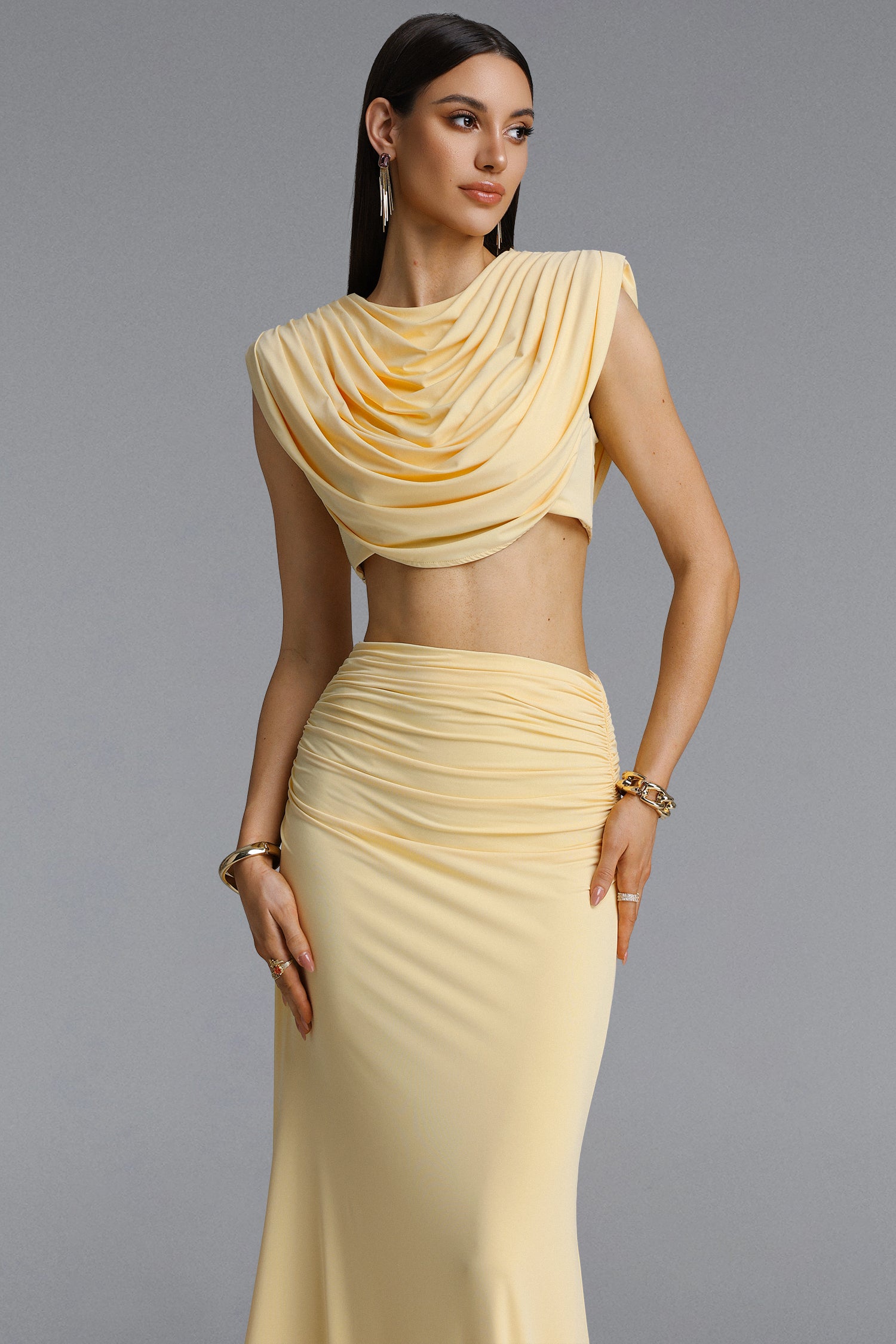 Gerianna Chic Sophisticated Draped Crop Top High Waist Ruched Set	