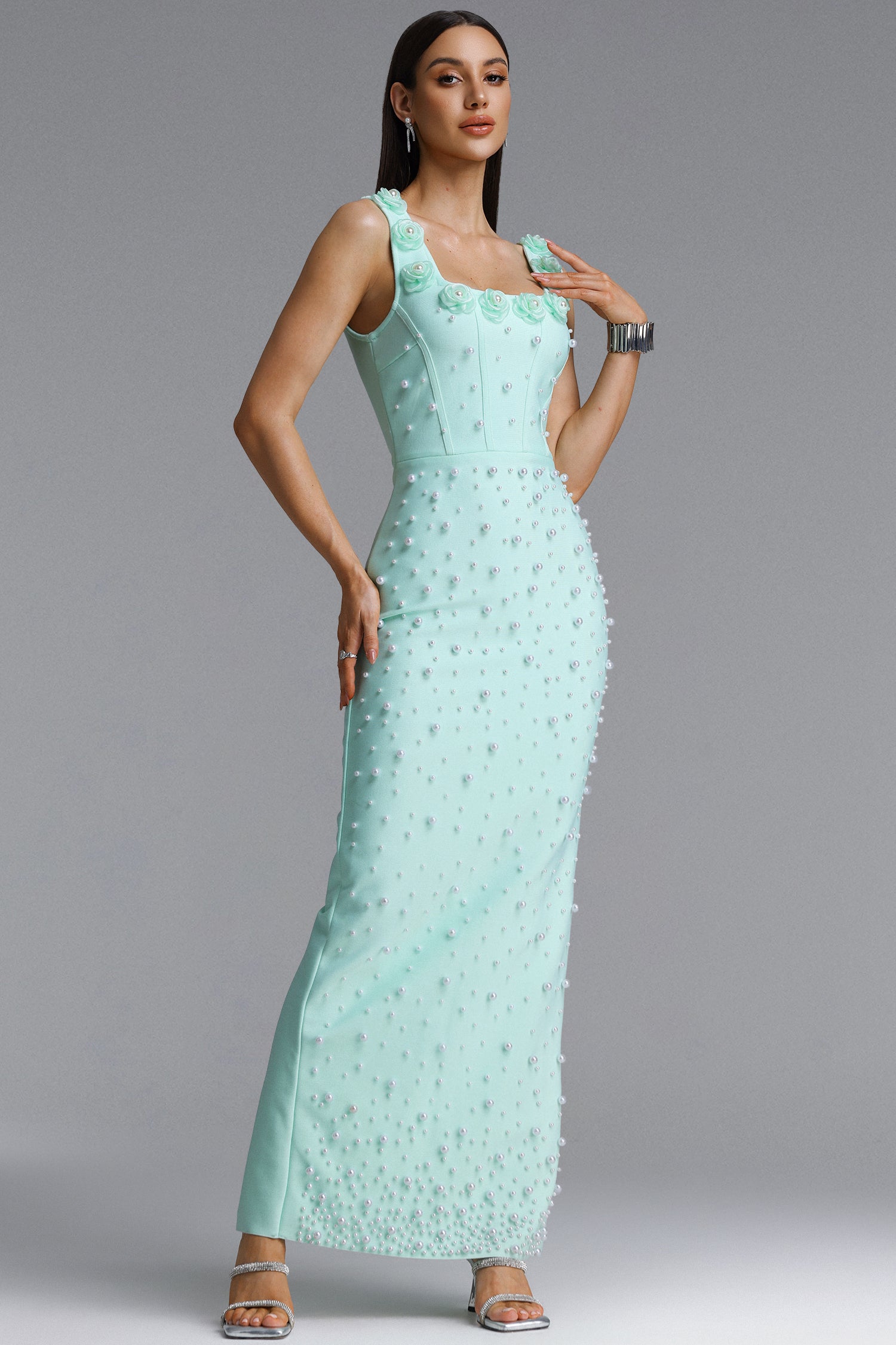 Shea Elegant Contour Square Neck Floral Pearl Bandage Green Maxi Dress	