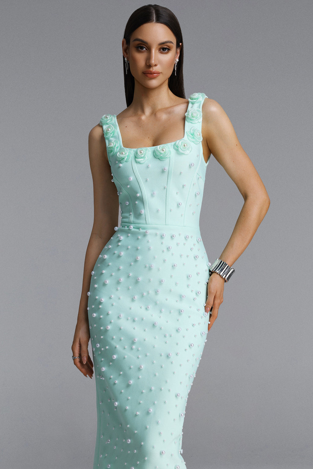 Shea Elegant Contour Square Neck Floral Pearl Bandage Green Maxi Dress	