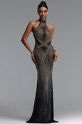Zelda Gorgeous Halter Sleeveless Rhinestone Stretch Knit Maxi Dress	