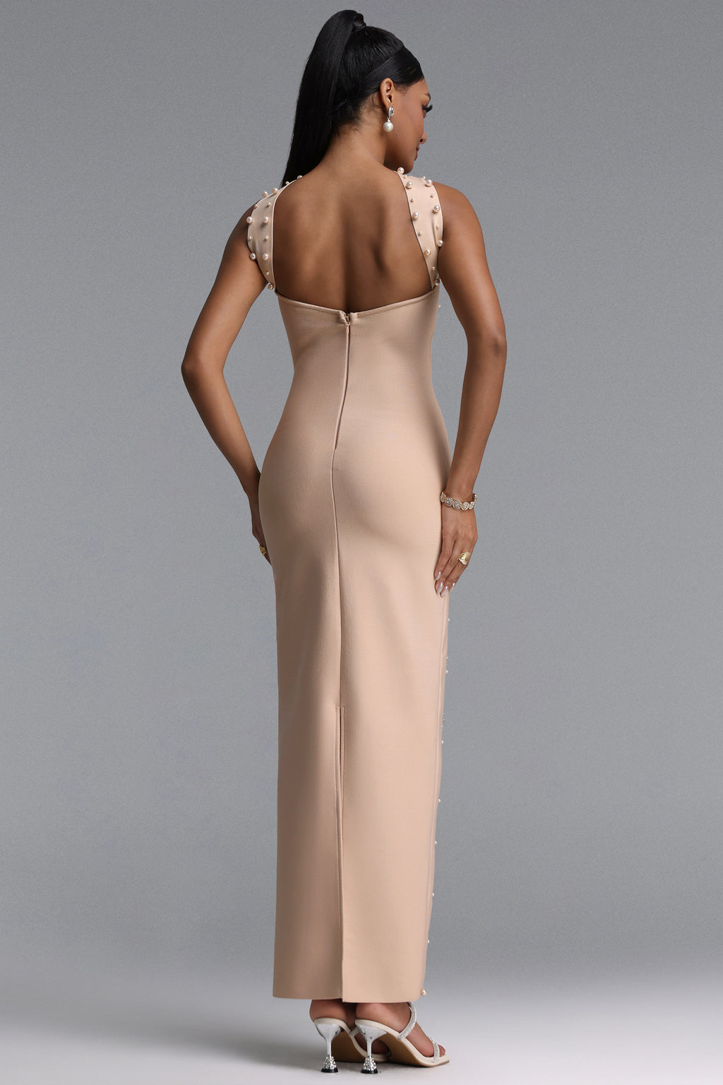 Nesya Sleeveless Pearl Bandage Nude Maxi Dress	