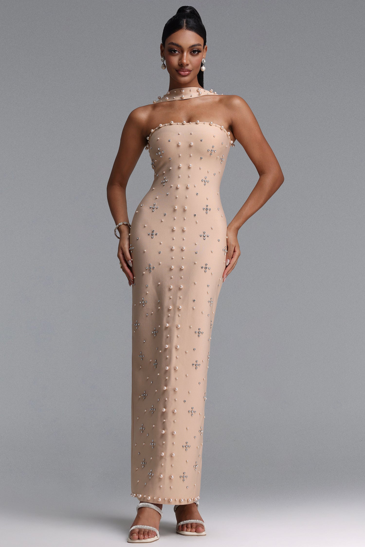 Nesya Sleeveless Pearl Bandage Nude Maxi Dress	