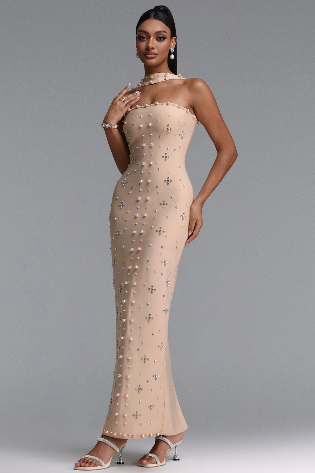 Nesya Sleeveless Pearl Bandage Nude Maxi Dress	