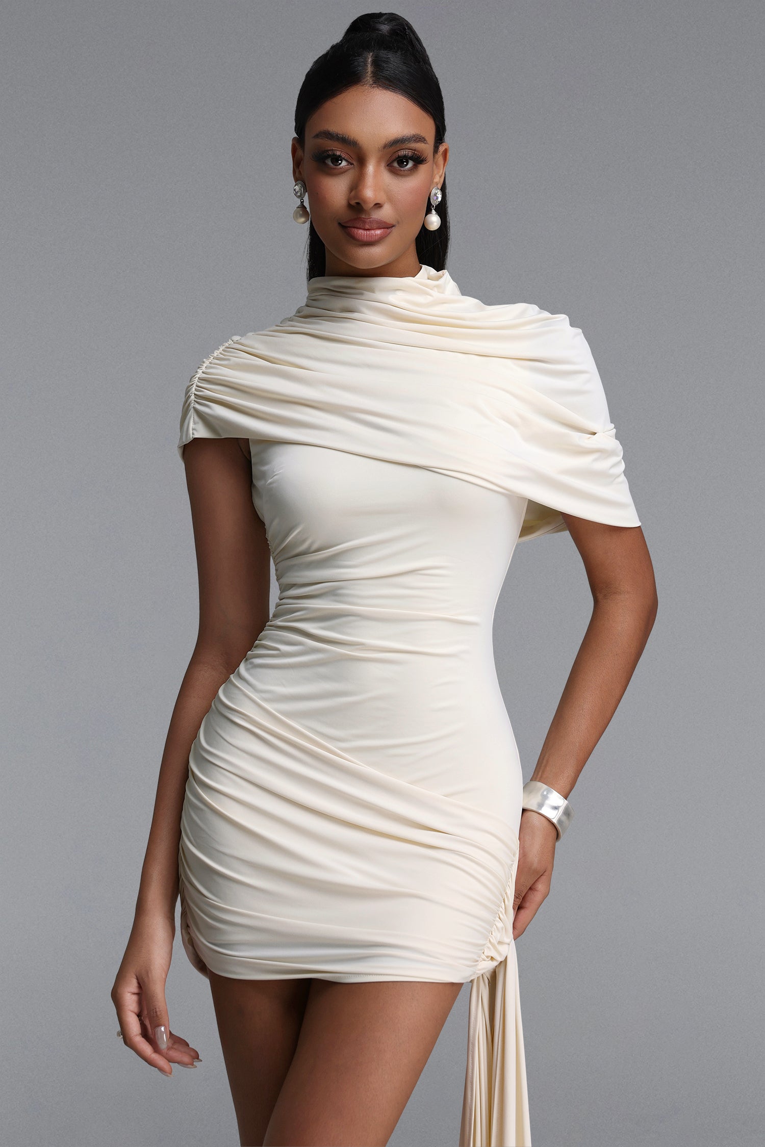 Nettie Romantic Contour Ruched Draped Sash Knit Mini Dress	
