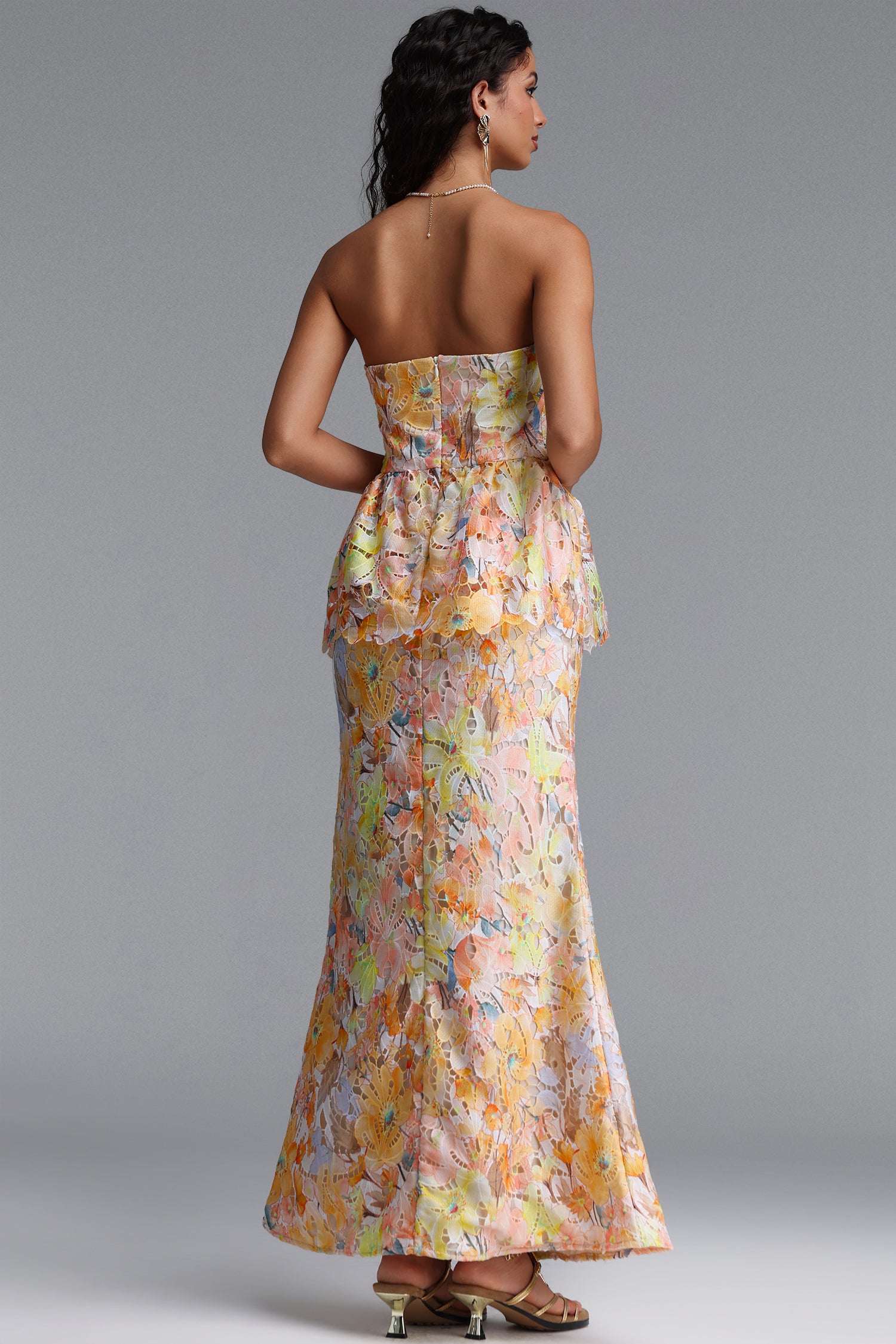 Deirdre Romantic Tailored Strapless Sleeveless Floral Print Lace Maxi Dress	