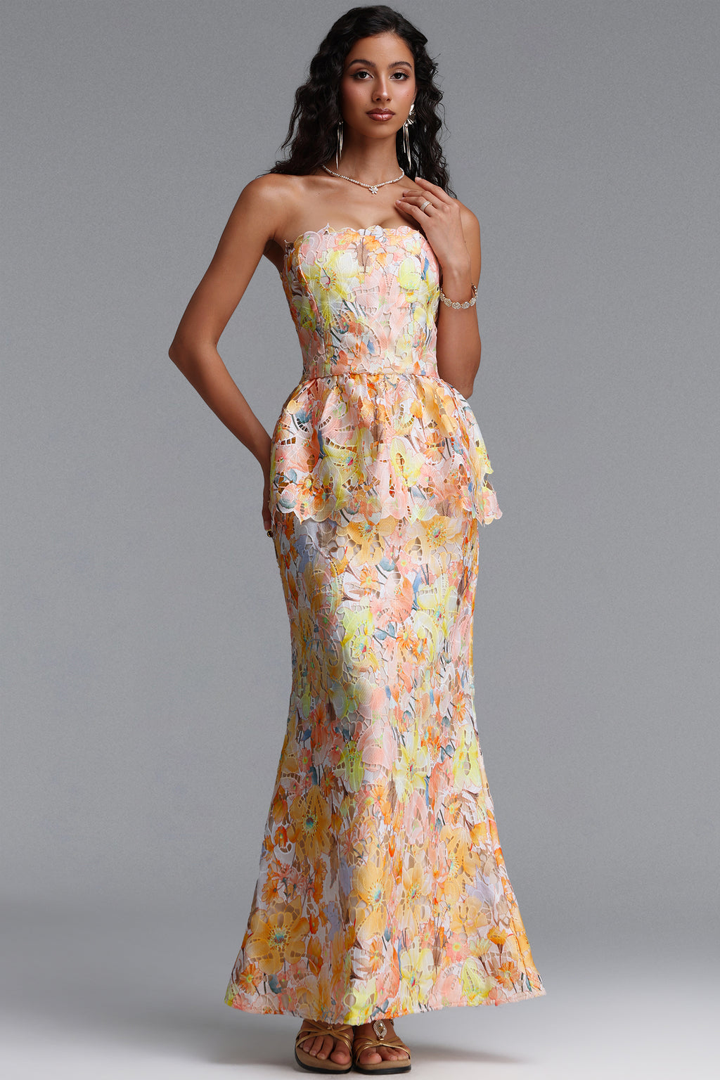 Deirdre Romantic Tailored Strapless Sleeveless Floral Print Lace Maxi Dress	