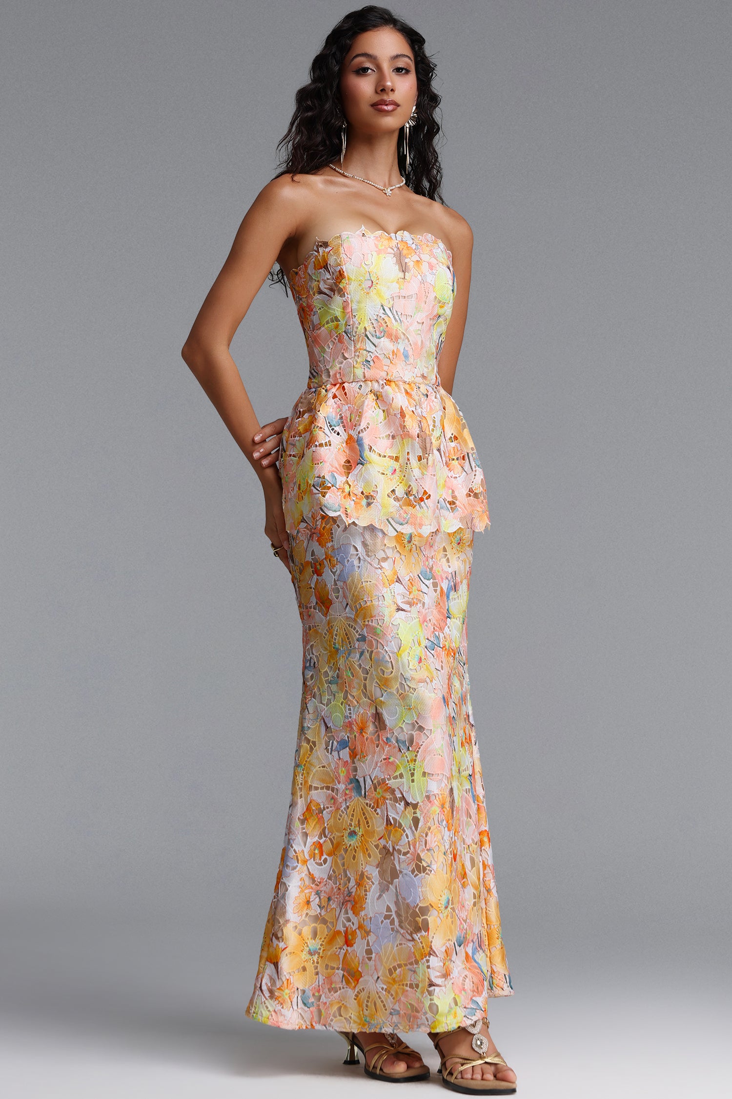 Deirdre Romantic Tailored Strapless Sleeveless Floral Print Lace Maxi Dress	
