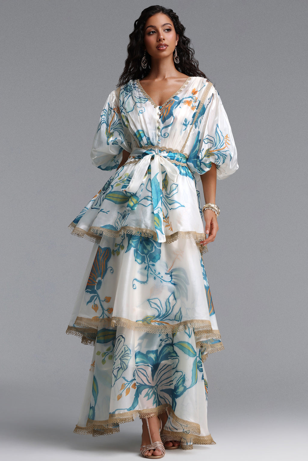Lisbon Resort Flowy Puff Sleeve Floral Print Organza Maxi Dress	