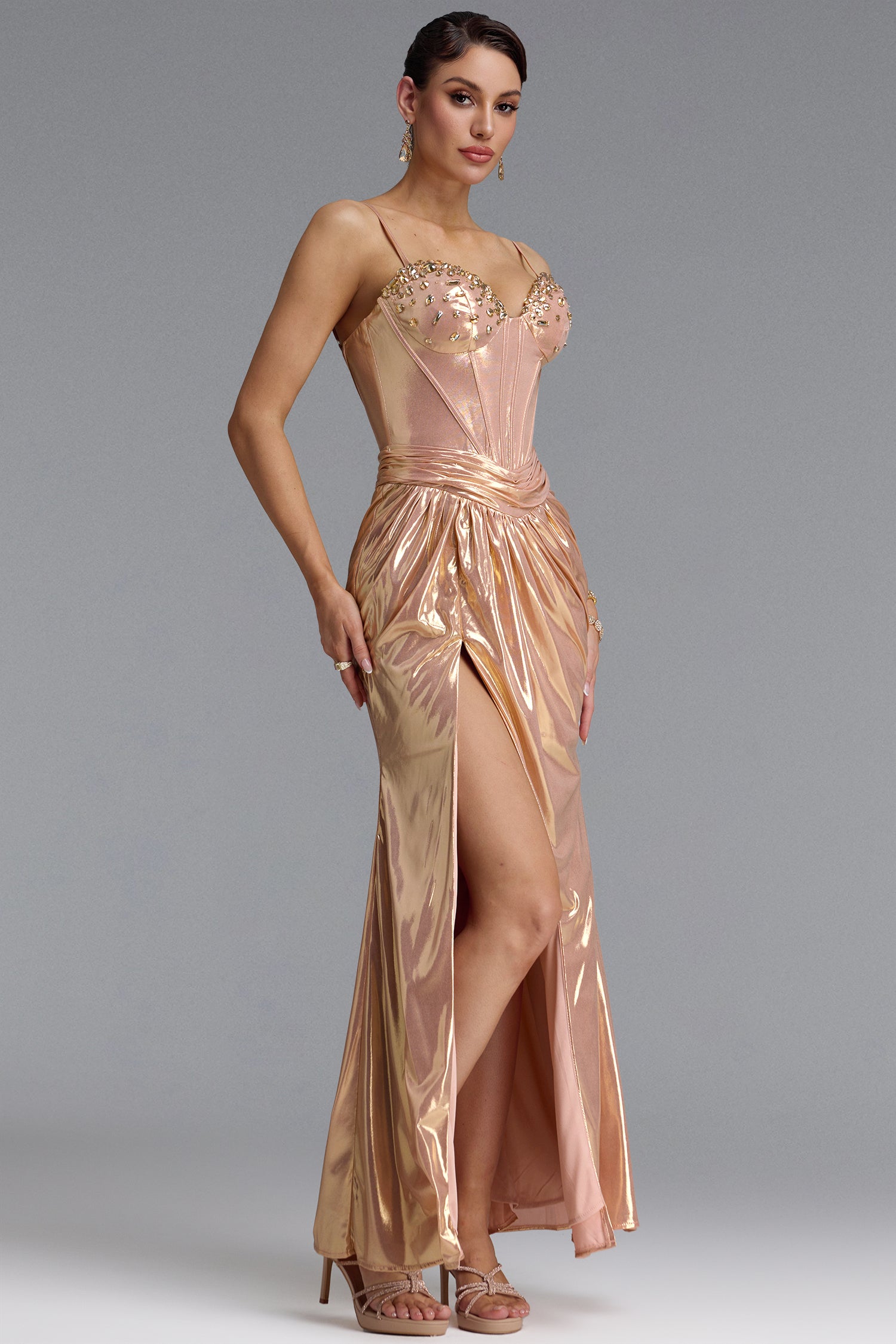 Mikko Classic Thin Strap Rhinestone Twist Metallic Slit Maxi Dress	