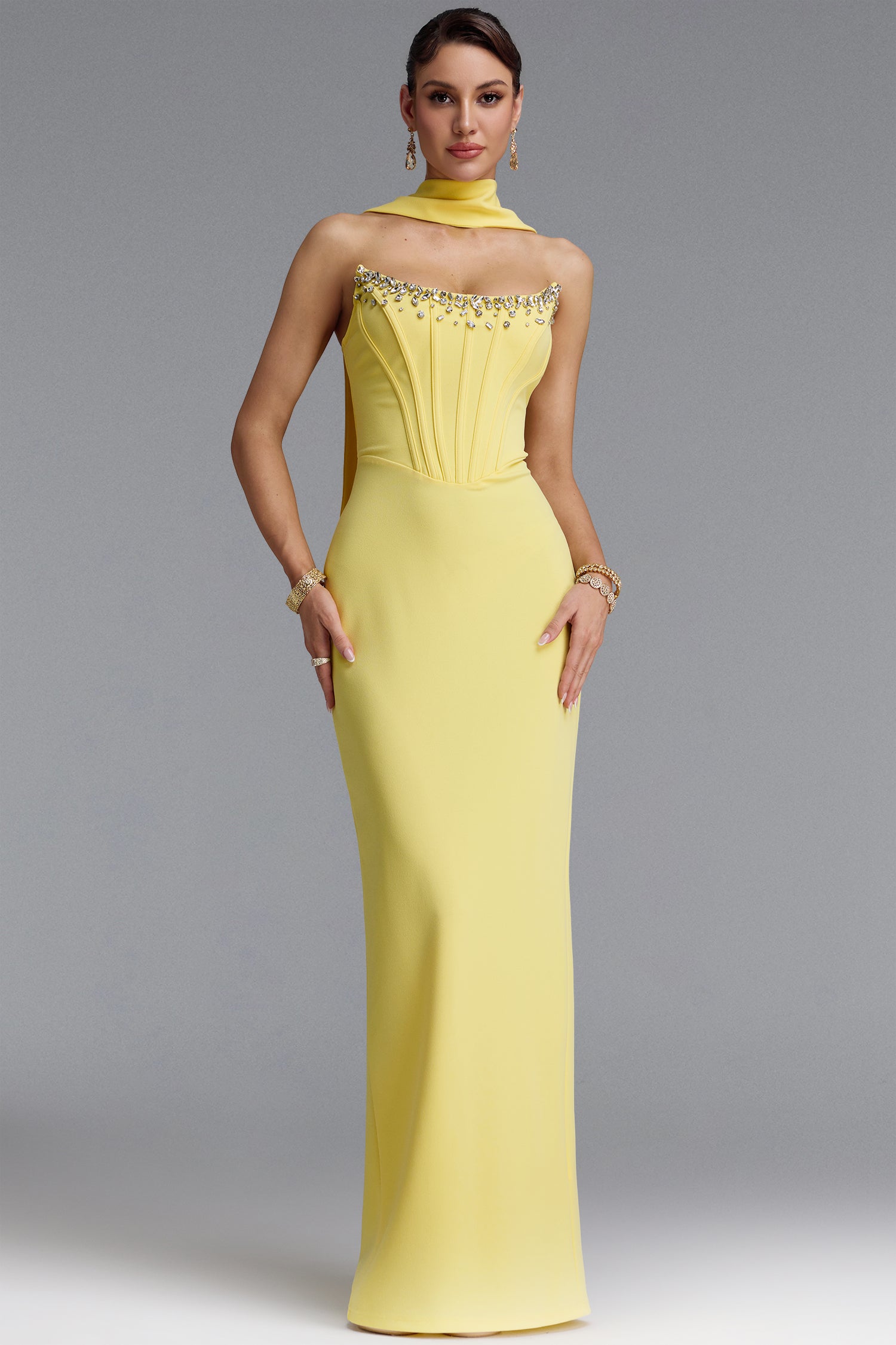 Wilson Classic Strapless Rhinestone Boned Corset Sash Bandage Maxi Dress	