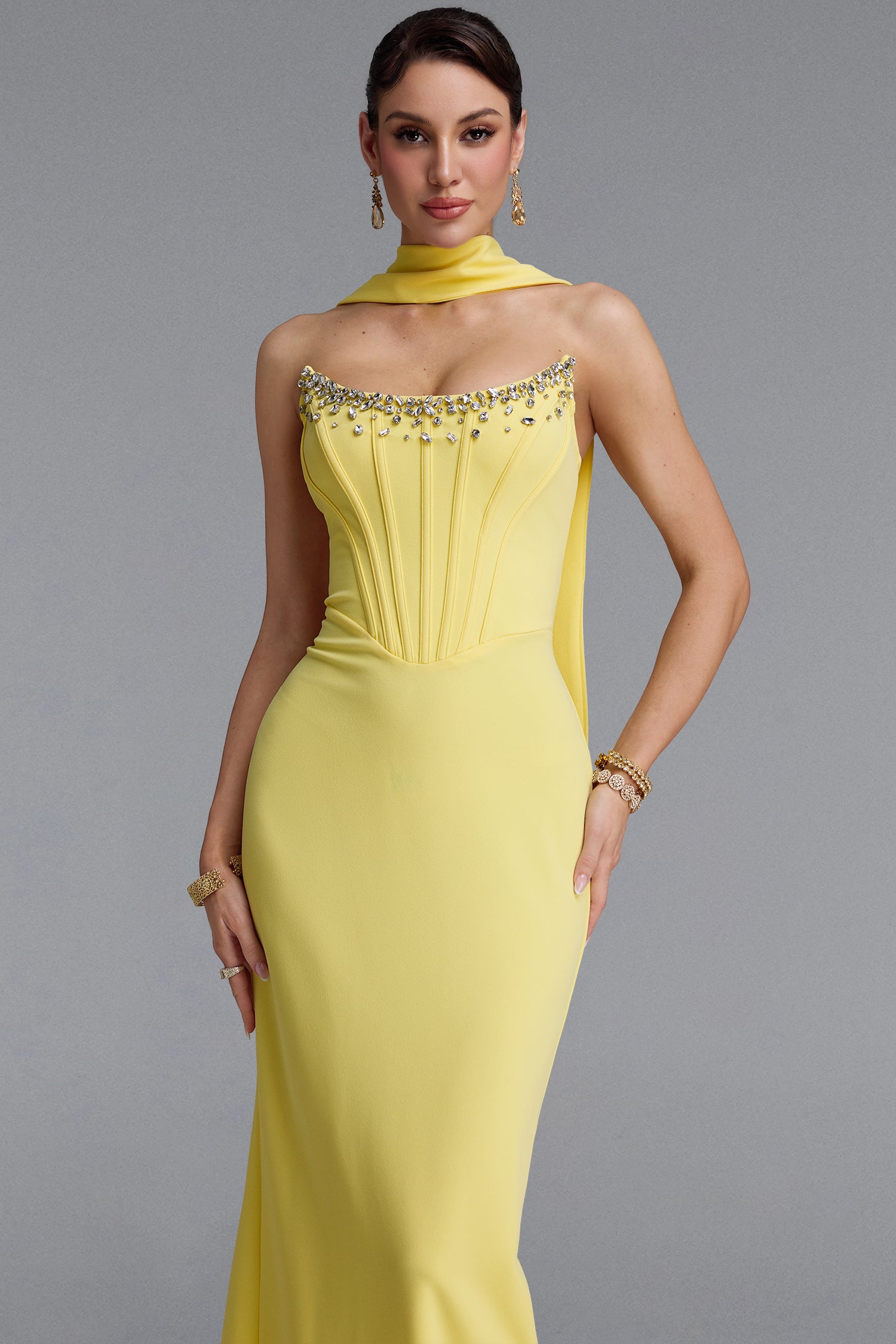 Wilson Classic Strapless Rhinestone Boned Corset Sash Bandage Maxi Dress	