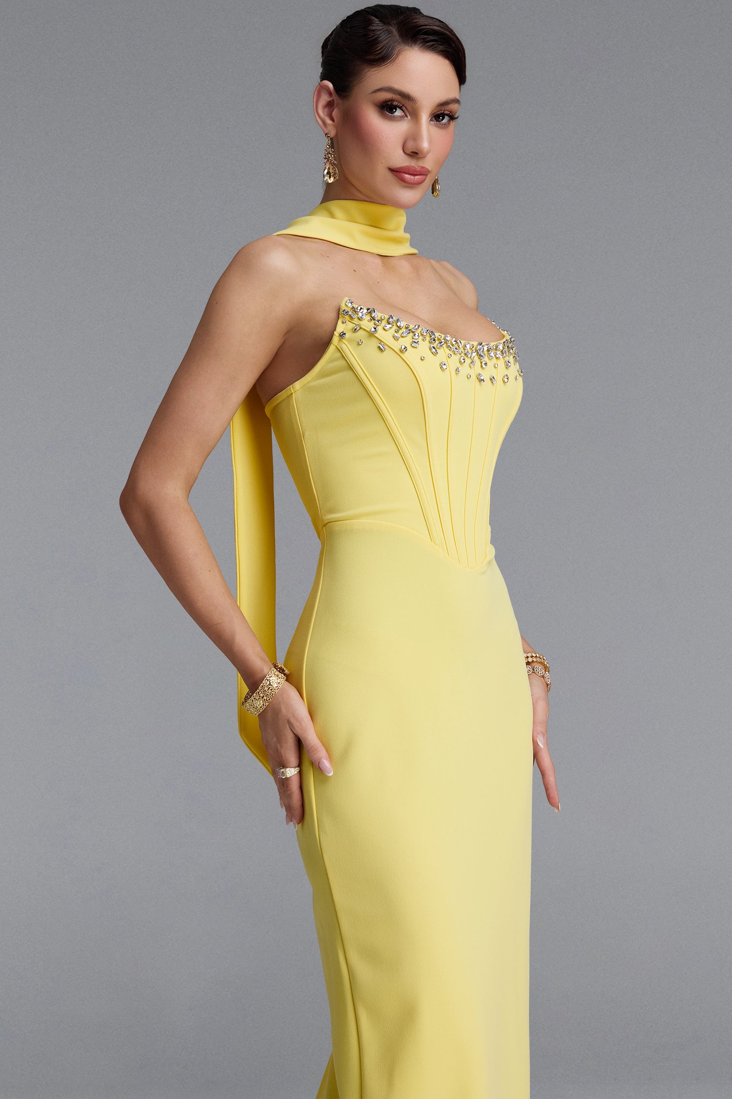 Wilson Classic Strapless Rhinestone Boned Corset Sash Bandage Maxi Dress	