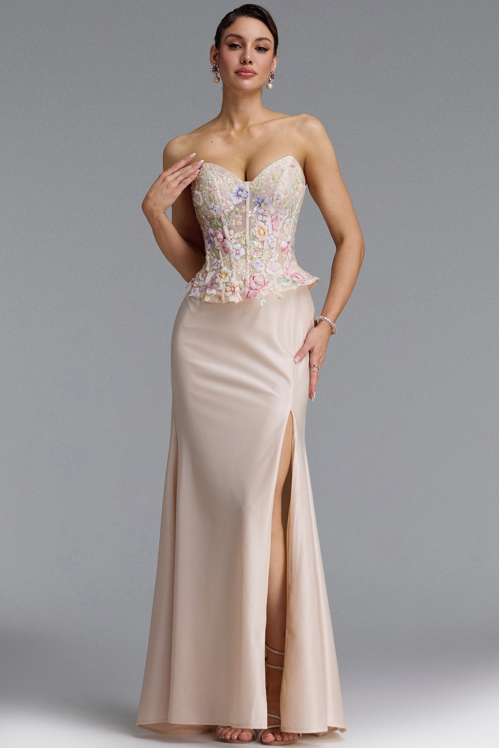 Poppy Luxury Strapless Floral Satin Mermaid Maxi Dress	