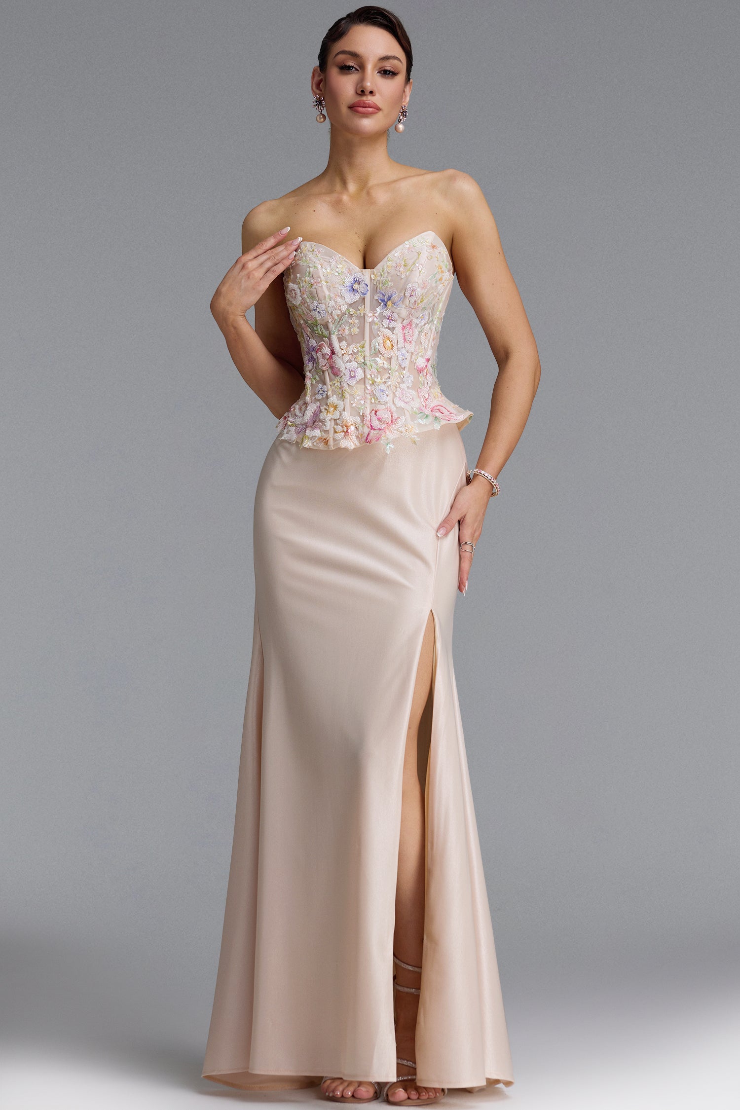 Poppy Luxury Strapless Floral Satin Mermaid Maxi Dress	