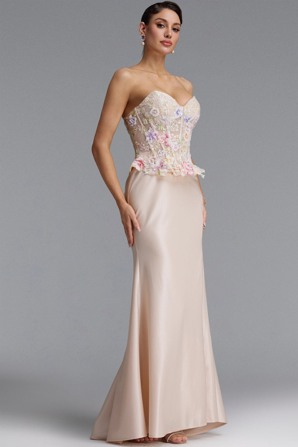 Poppy Luxury Strapless Floral Satin Mermaid Maxi Dress	