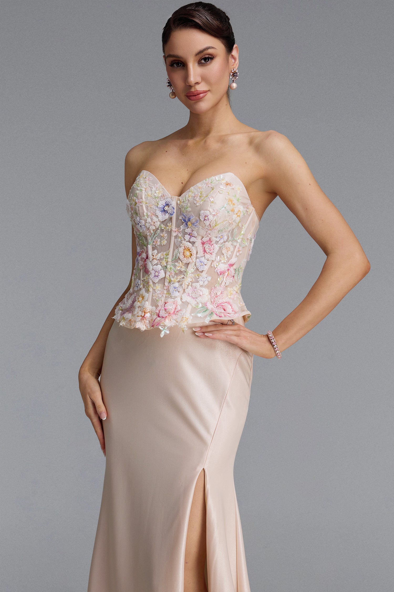Poppy Luxury Strapless Floral Satin Mermaid Maxi Dress	