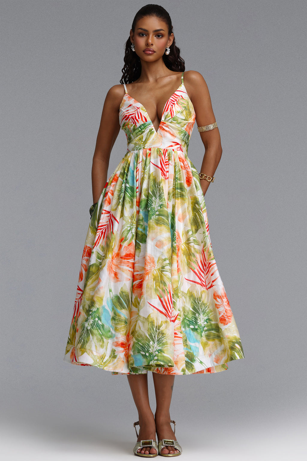 Kamaria Romantic Cinched V Neck Spaghetti Strap Ruched Floral Print Woven Maxi Dress	