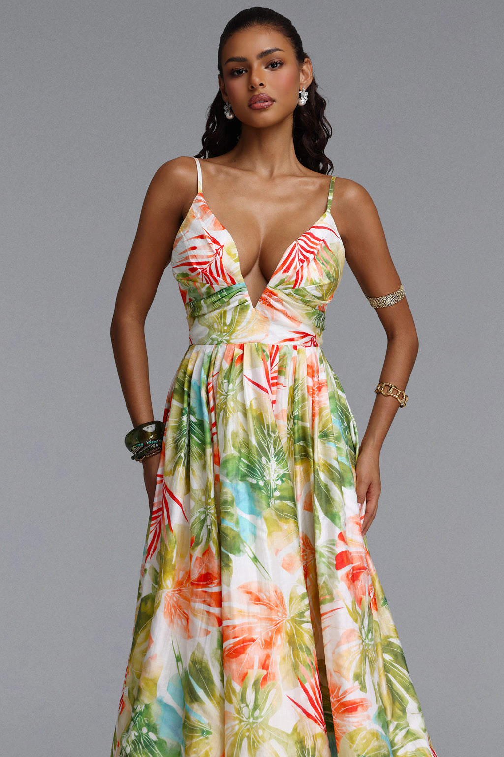 Kamaria Romantic Cinched V Neck Spaghetti Strap Ruched Floral Print Woven Maxi Dress	