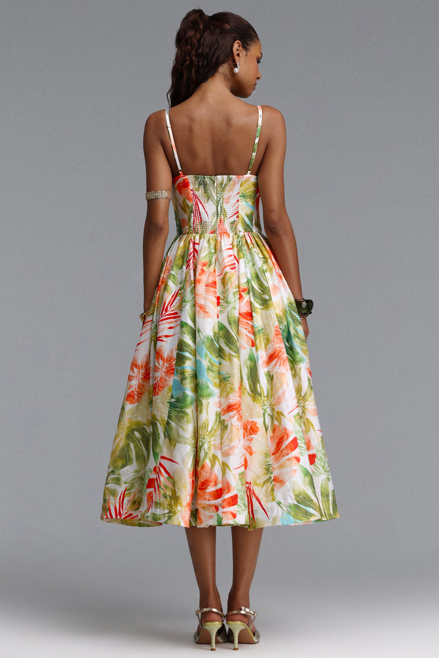 Kamaria Romantic Cinched V Neck Spaghetti Strap Ruched Floral Print Woven Maxi Dress	
