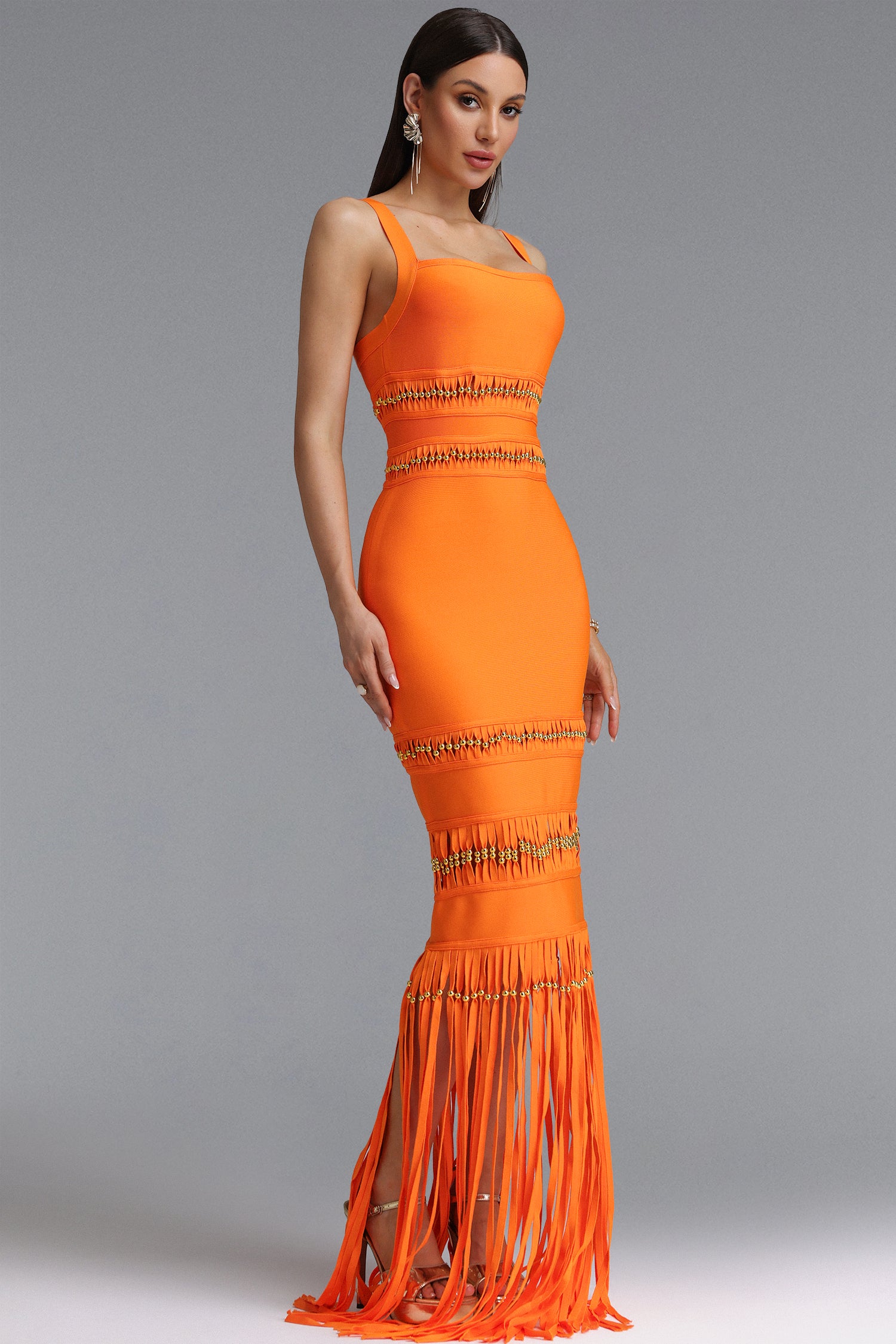 Shanley Chic Contour Sleeveless Beaded Fringe Orange Bandage Maxi Dress	