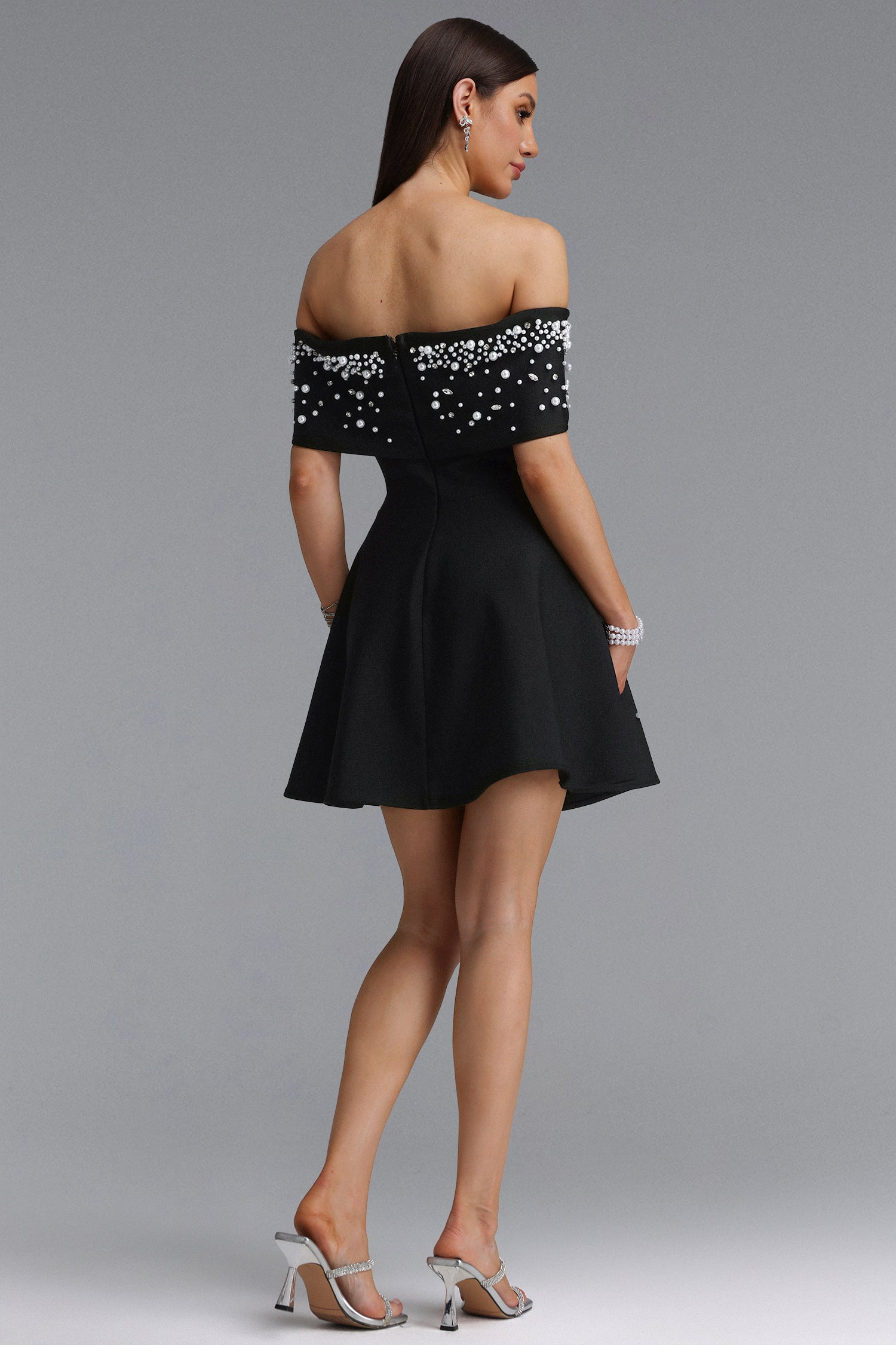 Kawayi Elegant Fitted Off Shoulder Pearl A-line Mini Bandage Dress	