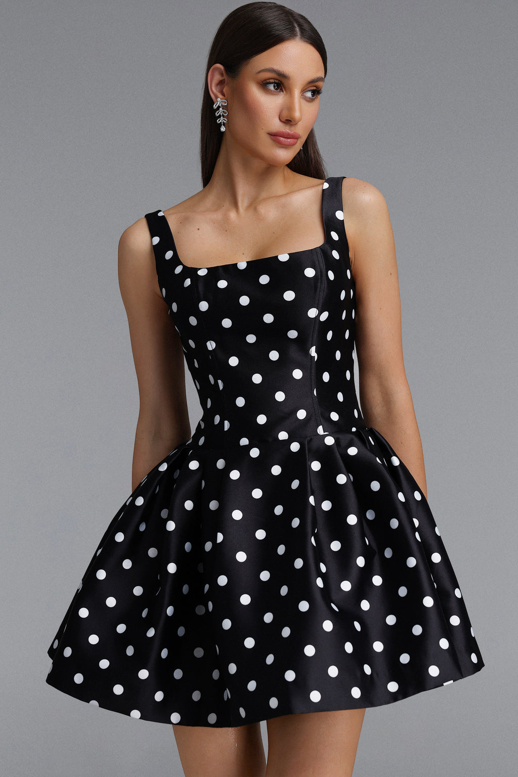 Simone Classic Tailored Square Neck Polka Dot Woven Black Mini Dress	