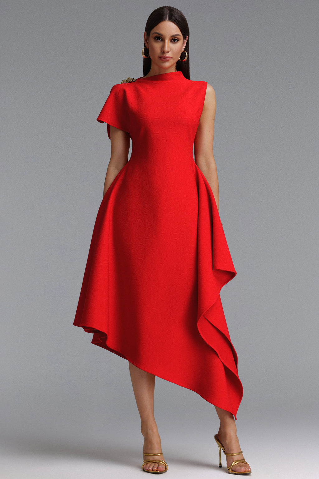 Weren Elegant Contour High Neck Asymmetric Red Maxi Dress	