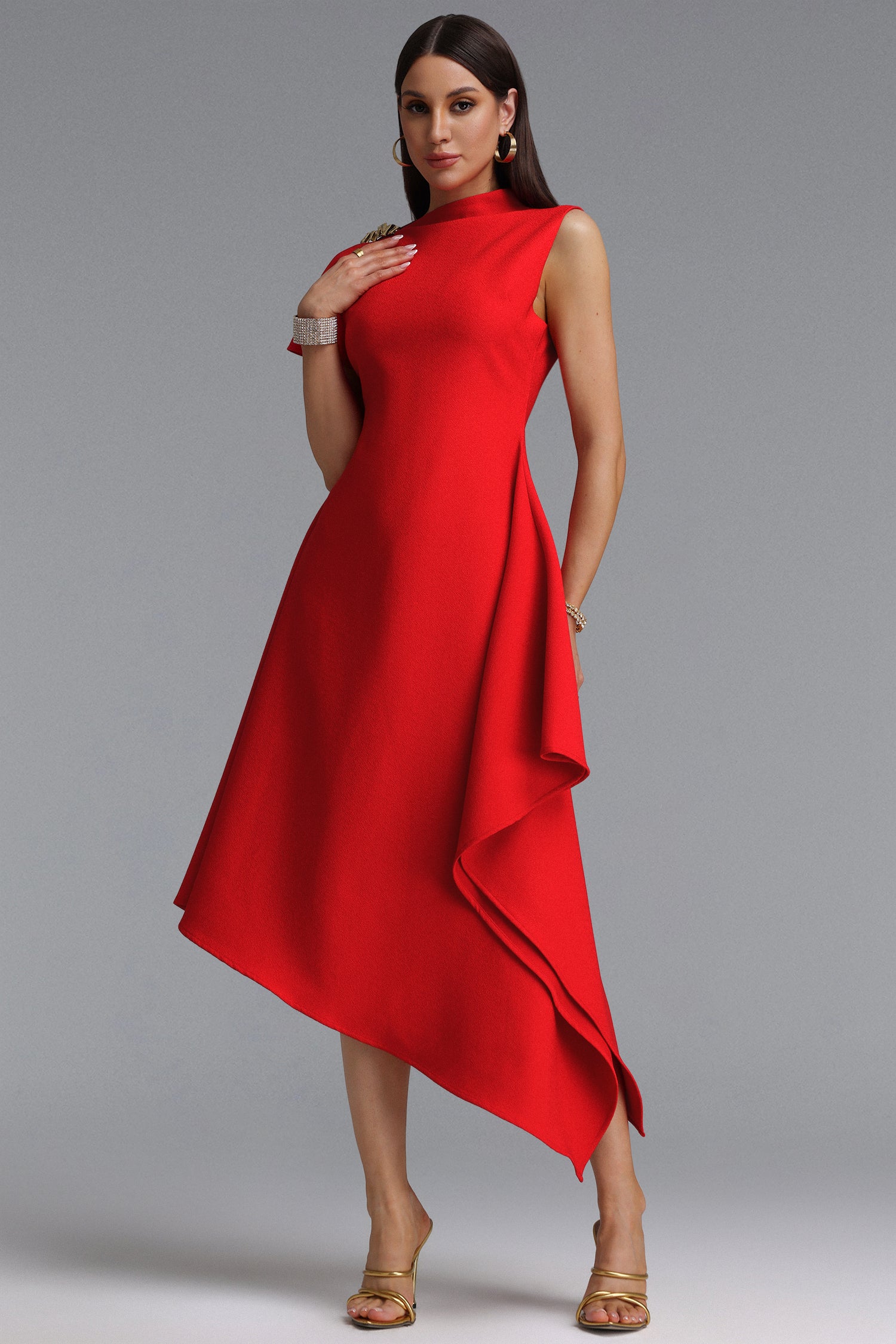 Weren Elegant Contour High Neck Asymmetric Red Maxi Dress	