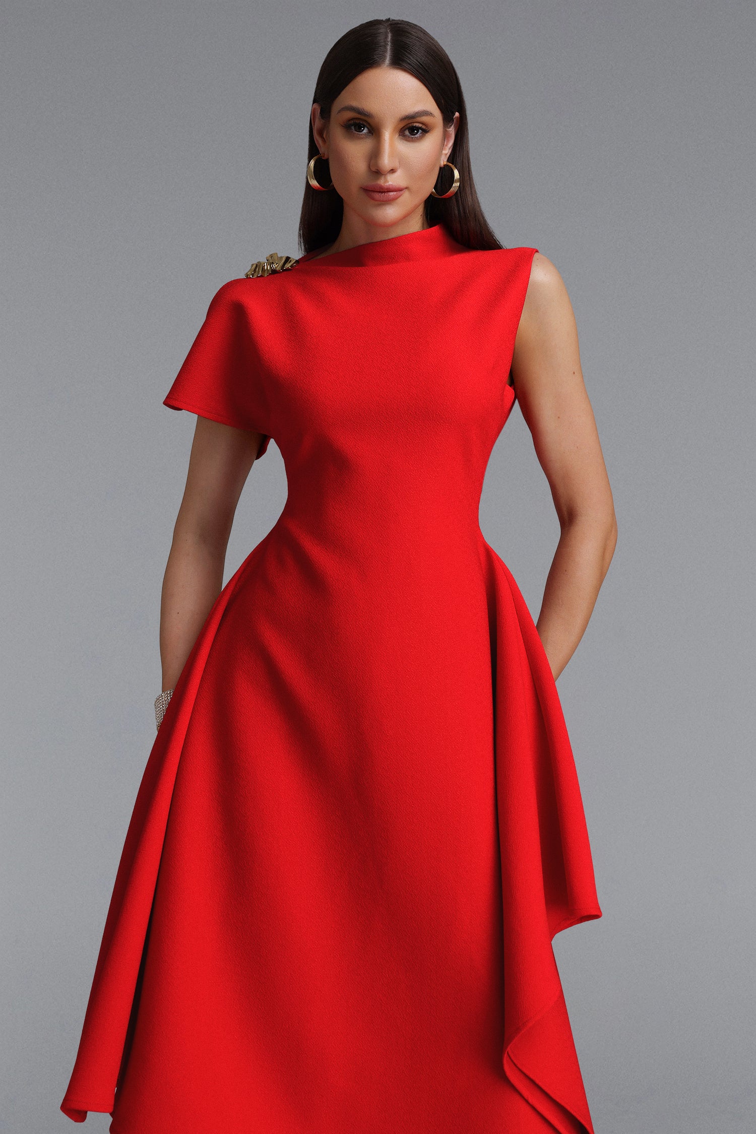 Weren Elegant Contour High Neck Asymmetric Red Maxi Dress	