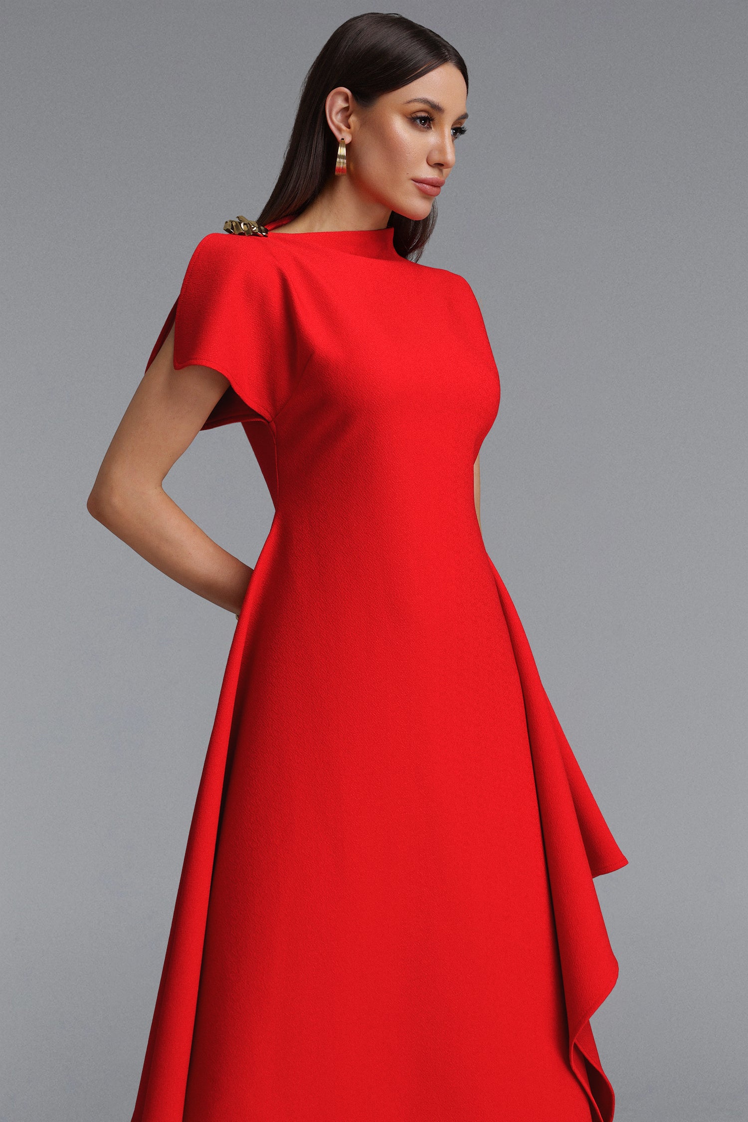 Weren Elegant Contour High Neck Asymmetric Red Maxi Dress	