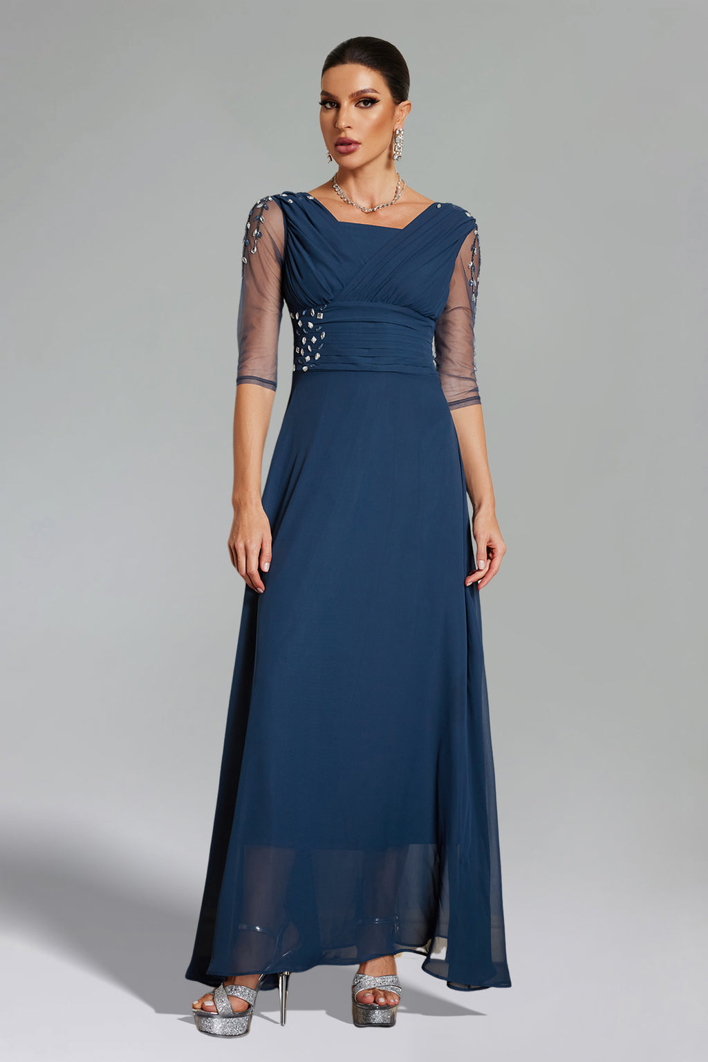 Blanche Diamante Pleated Mesh Satin Maxi Dress - Navy	