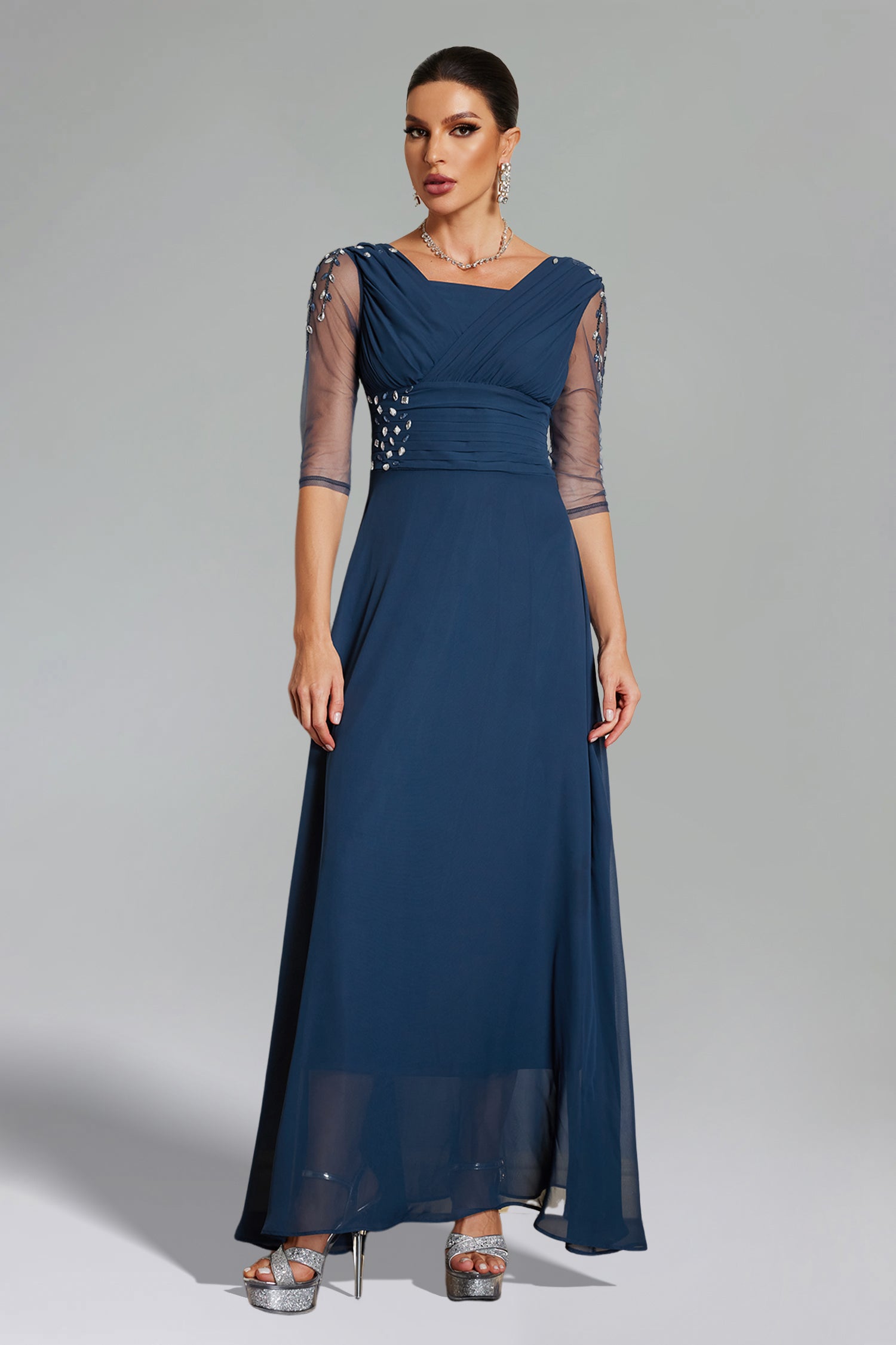 Blanche Diamante Pleated Mesh Satin Maxi Dress - Navy	