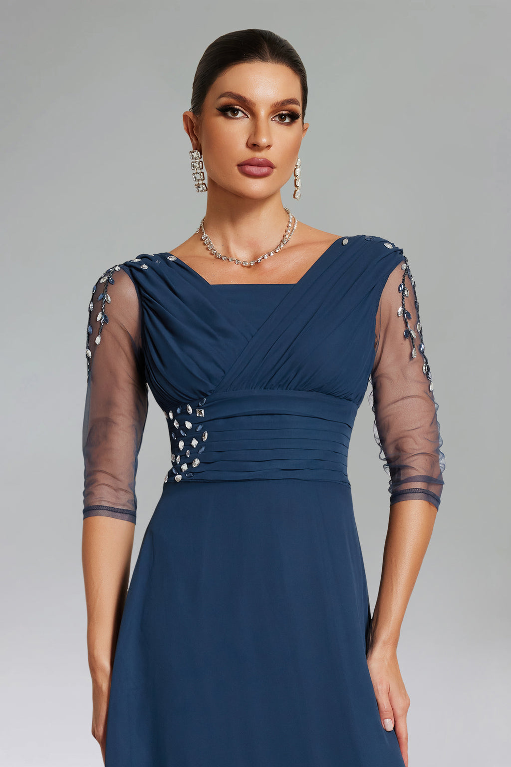 Blanche Diamante Pleated Mesh Satin Maxi Dress - Navy	