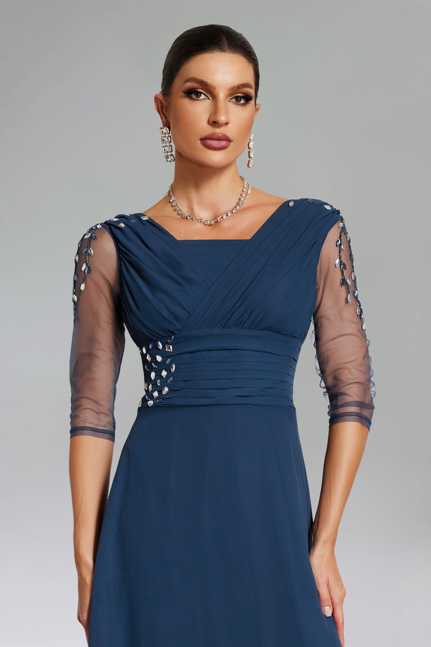 Blanche Diamante Pleated Mesh Satin Maxi Dress - Navy	